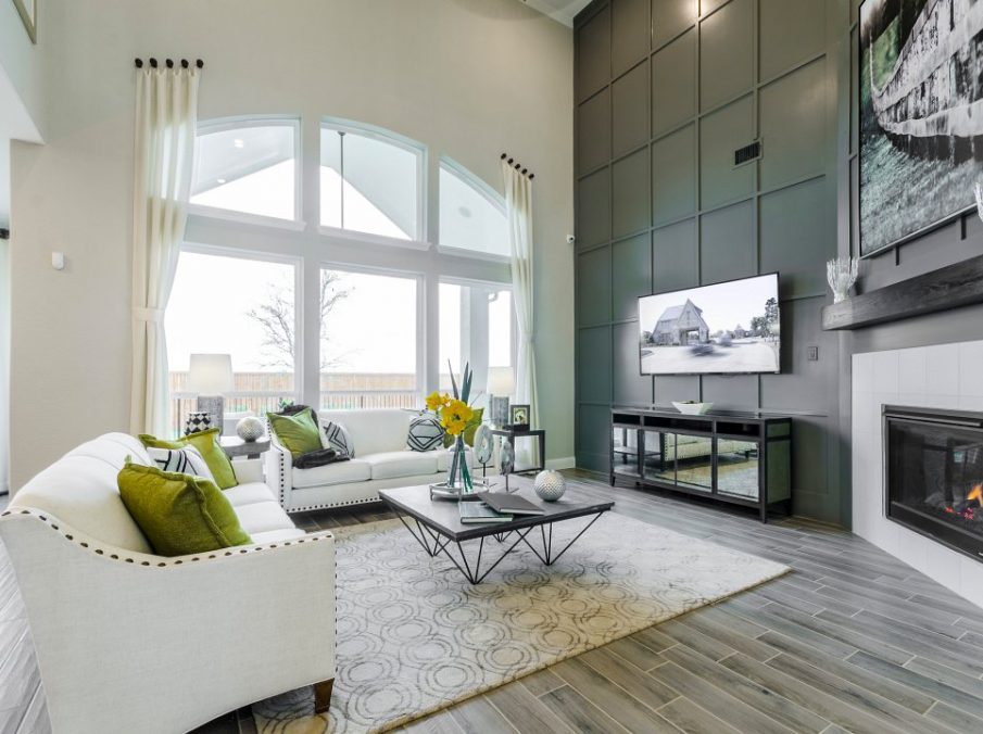 Landon Homes new home builder 432 Carrington Family Room grey textured tv wall