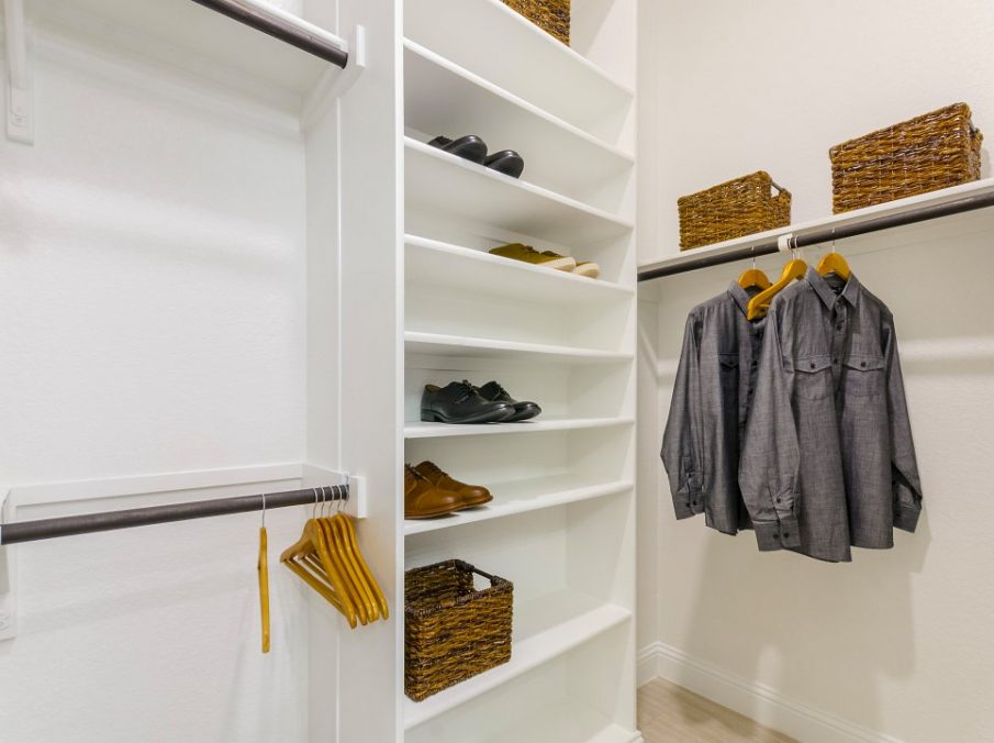 Landon Homes new home builder 432 Carrington Master Closet walk-in with white paint and shoe shelf