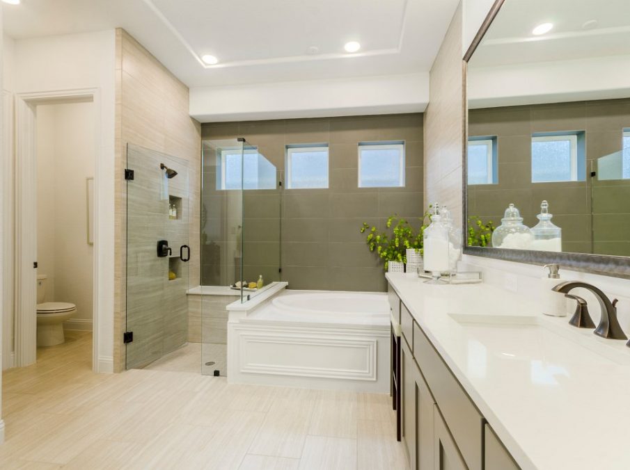 Landon Homes new home builder 432 Carrington Master Bath white tile flooring and tan painted cabinets