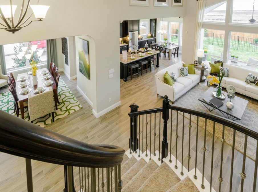 Landon Homes new home builder 432 Carrington Stairs looking down to dining room and kitchen